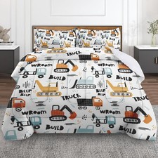 Boys Construction Comforter Set for Kids Teens Twin, Hand Drawn Car Excavator...