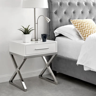 FURNITUREBOX UK **Seconds** Oxford White Gloss and Chrome Bedside Table