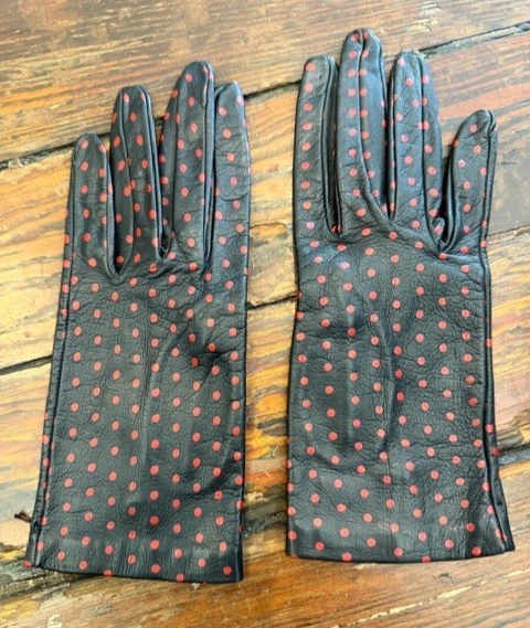 SERMONETA Leather Gloves, Black w/ Red Polka Dots, Silk Lining, Size 7