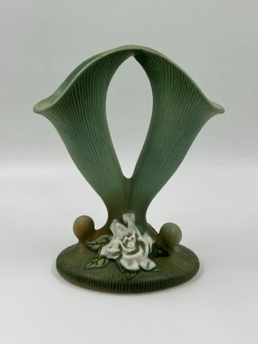 Vintage 1940's  Roseville Gardenia 622-8 Double Cornucopia Vase Sage Green