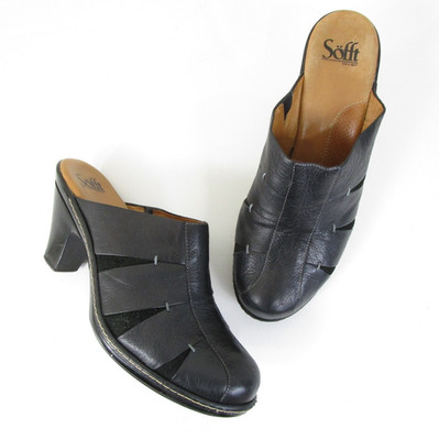 Sofft Womens Black Cut Out Leather Slip On Clogs Mules Heels Shoes Size 11