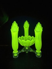 5PCS VINTAGE FOSTORIA HEIRLOOM VASELINE YELLOW OPALESCENT EPERGNE CANDLE HOLDER