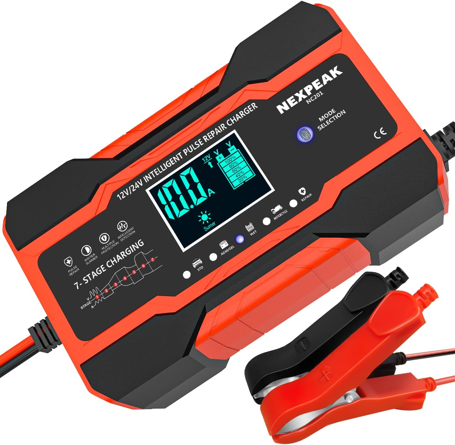 NC201 10-Amp Battery Charger, Smart Trickle Charger 12V 24V Car Battery Charger