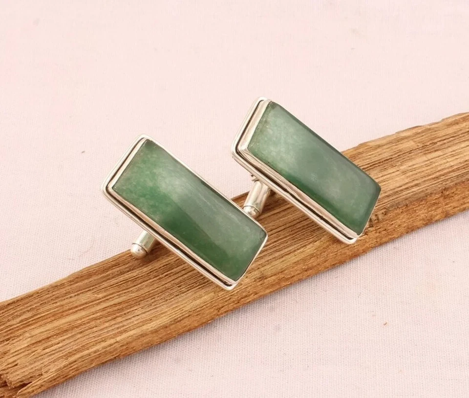 Gemelos de plata de ley 925 con piedras preciosas de jade verde para regalo especial para hombre Foto 4 de 4