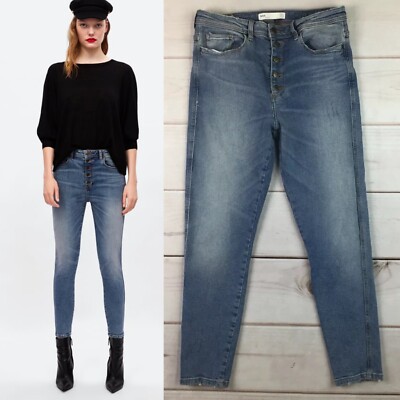 $59 Zara Basic Women's 6 Blue Z1975 Button Up Stretchy Skinny Distressed Jeans