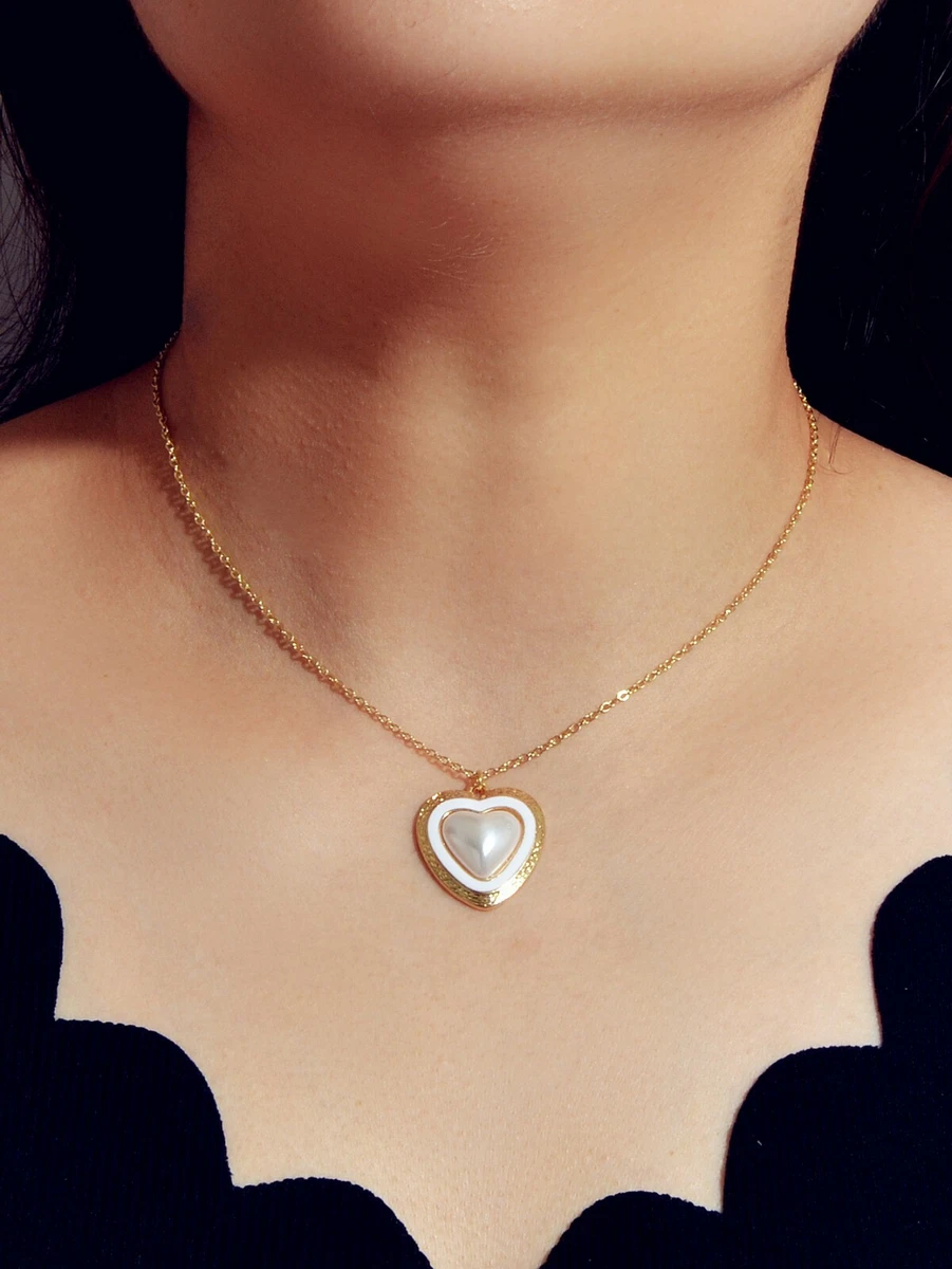 Gold Chain White Enamel Pearl Heart Pendant Necklace Wedding Party