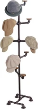 Dark Brown Metal Pipe Rack with Brown Wood Hat Hangers, Freestanding Hat Holder