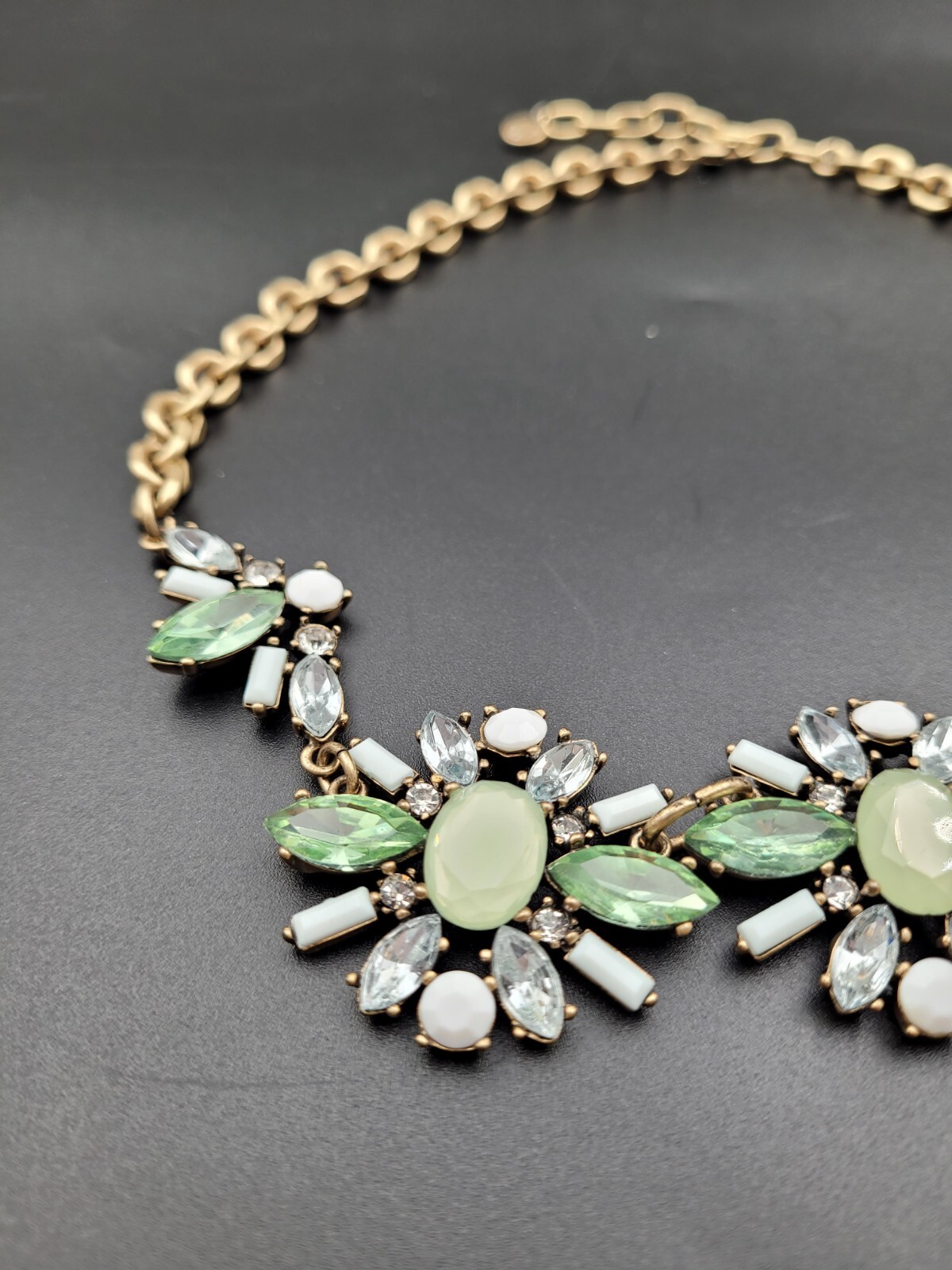 Statement Necklace Bib Mint White Rhinestones Gol… - image 6