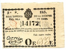 ANTILLAS 1830 Lotería, 8 avo de billete Nº 14172 Sorteo 185 del 1/8/1830