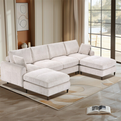 Corduroy Modular Section Sofa U-shaped Convertible L-shaped Sofa Set with Pillow