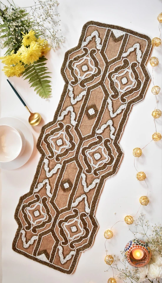White Copper Beaded Table Runner Burlap Designer Dinning Table Topper 35x13 Inch - Image 4 of 4