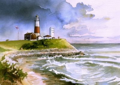 Montauk Lighthouse, Long Island, NY. Surf & Clouds. James Mann Watercolor Prints