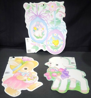 3 EASTER CUTOUTS Vintage Eureka paper cardboard Spring LAMB, EGGS, BUNNY RABBIT 