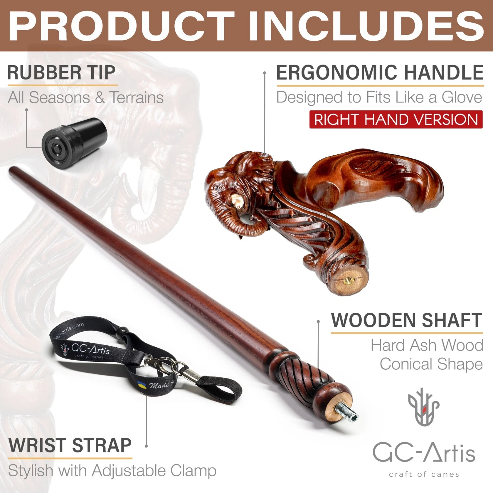 African Elephant Wooden Cane Detail