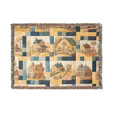 Farmhouse Pattern Woven Throw Blanket, Cottage Quilt, Country Tapestry Textile