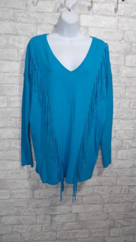Vince Camuto Turquoise Blue V-Neck Fringe Knit Sweater Pullover Size Medium - Picture 3 of 15