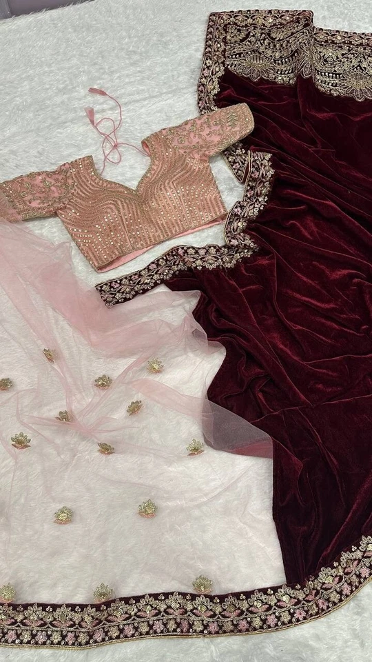 Blusa de fiesta de terciopelo granate y red sari con red para mujeres y niñas Foto 4 de 4