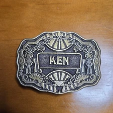 Vintage ODEN INC Brass Belt Buckle "KEN" Western Nameplate Ornate Design