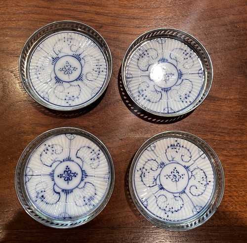 4 Villeroy & Boch Dresden Untersetzer 3,25" Silber Metall durchbohrter Rand Vintage 19c