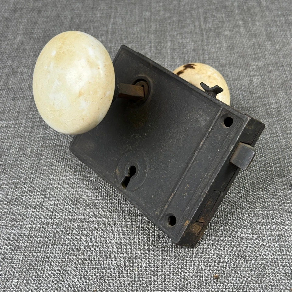 Antique Victorian Porcelain Door Knob with Mortise Lock Vintage Hardware set - Image 4 of 4