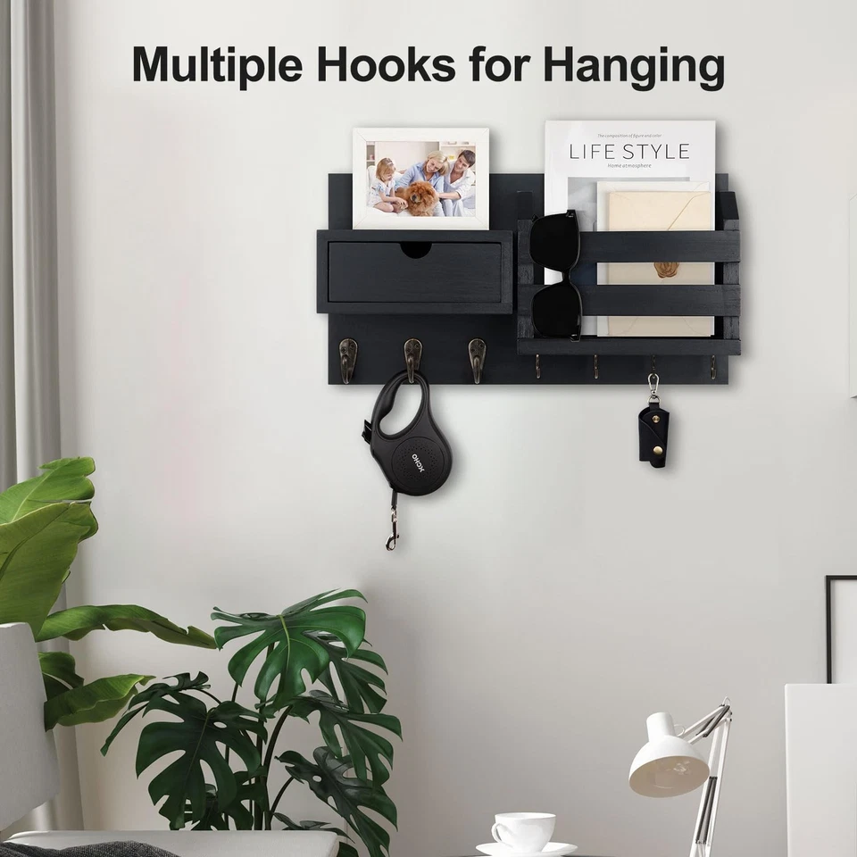 Wall Mount Key Holder with Mail Organizer, 100% Paulownia Wood, 7 Metal Hooks... - Image 4 of 4