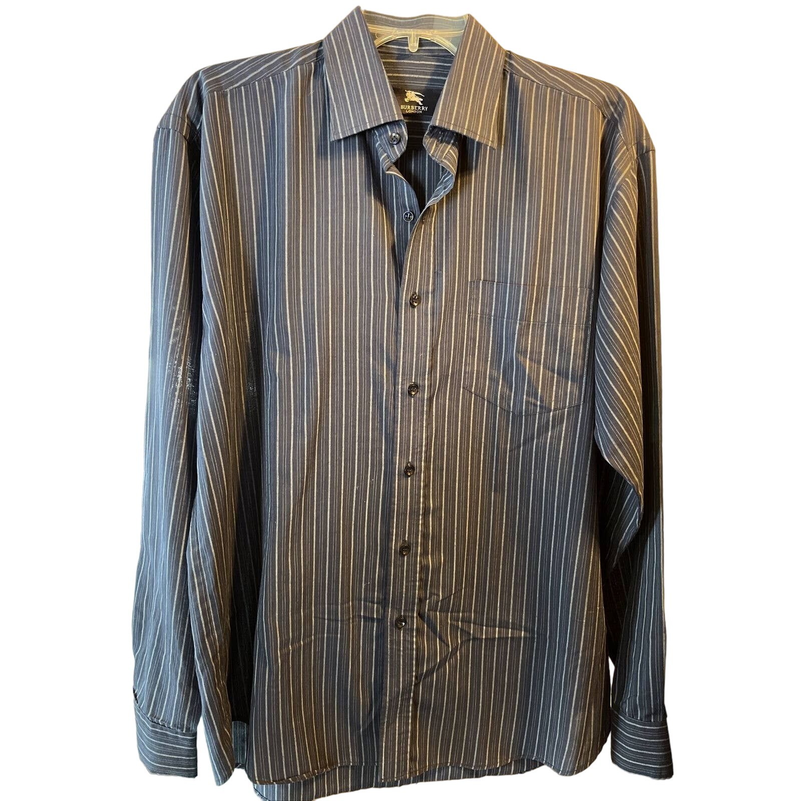 Burberry London Men’s 16 Navy Blue Striped Long Sleeve Button Down Cotton Shirt