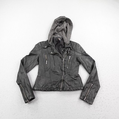 Free People Jacket Womens 0 Black Vegan Leather Moto Zip Hooded Crop Biker Coat