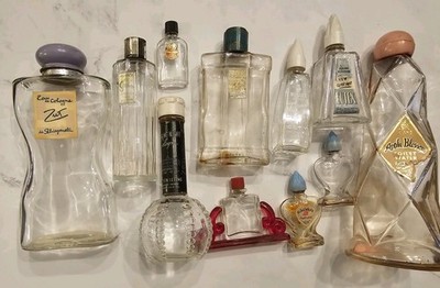 LOT 11 Vtg 40s 50s PERFUME VANITY BOTTLES EMPTY Le Galion Schiaparelli Coty