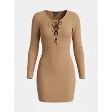Forever 21 Womens Ribbed Lace Up Long Sleeve Mini Dress Tan Small