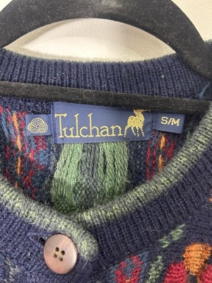 Vintage Tulchan Womens Cardigan Pure Wool Knit Floral Blue Red