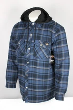 Dickies Men's Quilted Lined Woven Flannel Jacket Hoodie Button Zip Blue Plaid