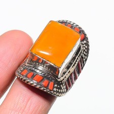 Yellow  Red Coral Gemstone Ring Tibetan Silver Ethnic Nepali Jewelry 8" NR 3239