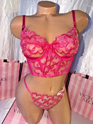Victorias Secret Corset Bra Top & Thong Set Medium (DD) Pink Hearts