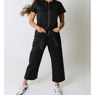 Womens The Albion Fit Hamptons Jumpsuit Black Canvas S Cotton Spandex NWT