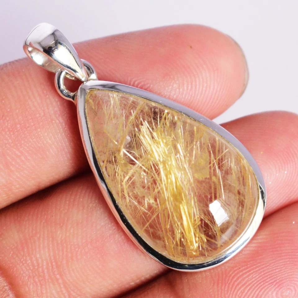 Ciondolo goccia quarzo rutilato dorato argento sterling 925 gemma gioielli... - Immagine 4 di 4