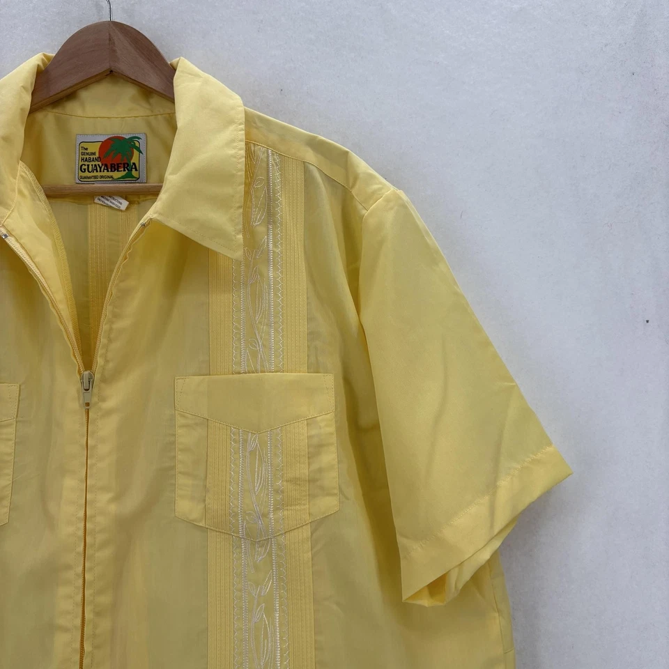 Haband Guayabera Shirt Mens L Yellow Embroidered Short Sleeve Full Zip Cuban VTG - Image 2 of 4