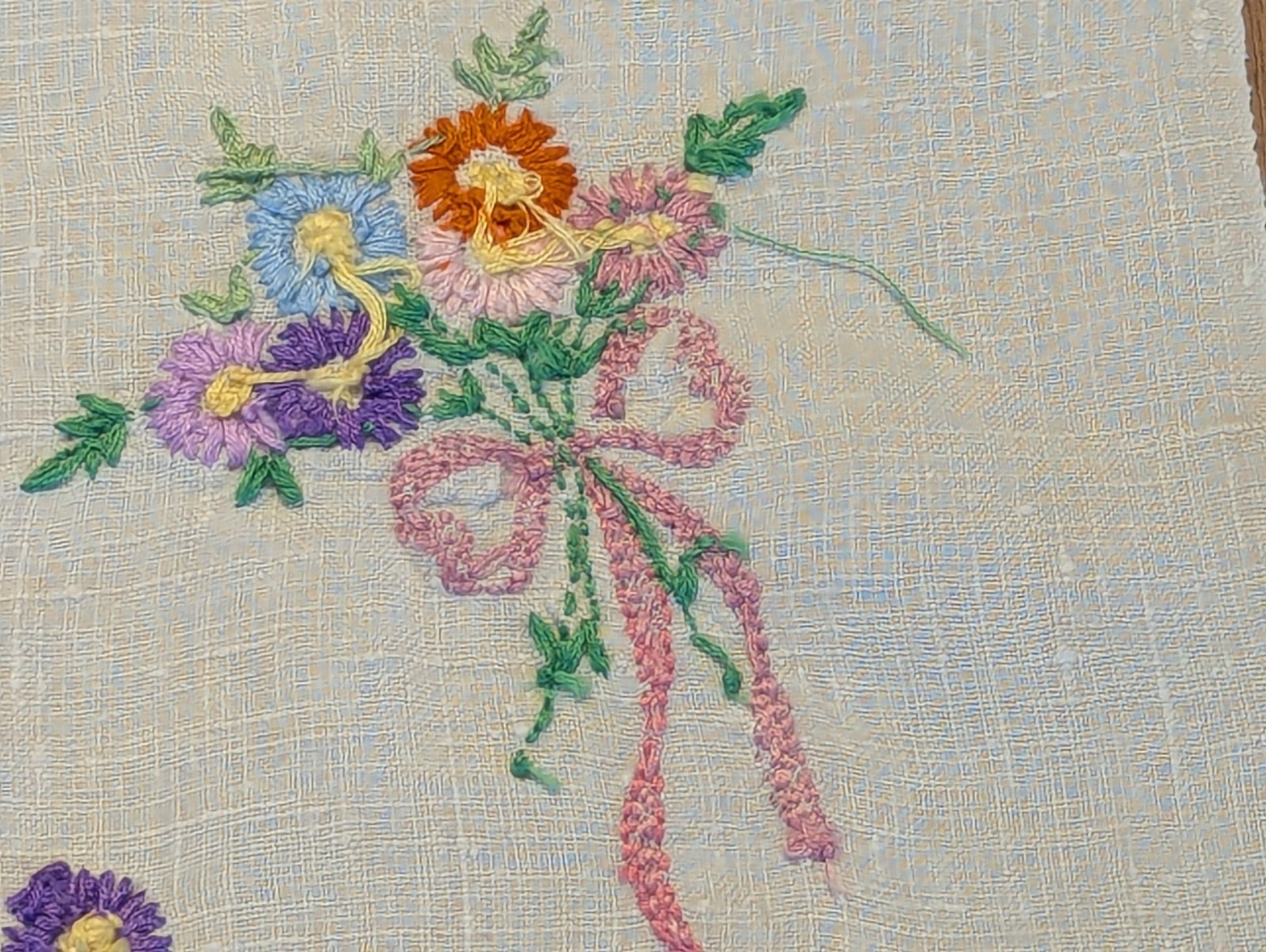 Vintage  Linen Table Runner, Buffet or Dresser Scarf.  Embroidery 41.5”x15.5”