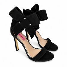 Betsey Johnson Frisky Black Bow Stiletto Heels Size 8 Ankle Wrap Sandals