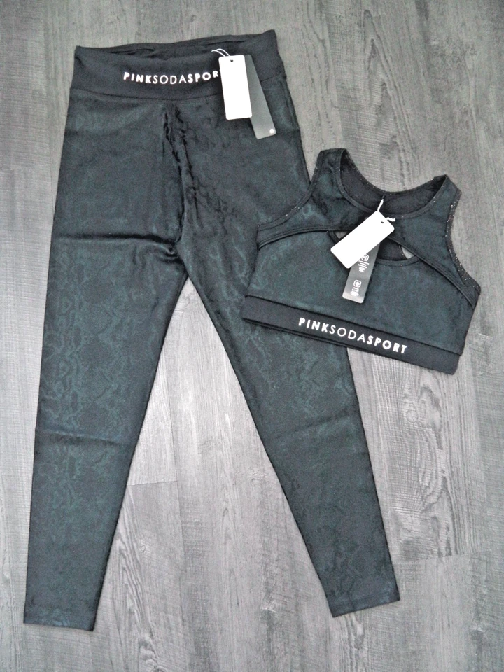 BNWT WOMENS PINK SODA SPORTS BRA & LEGGINGS SIZE 10 GYM YOGA RUN PILATES TOP BLK - Image 3 of 4