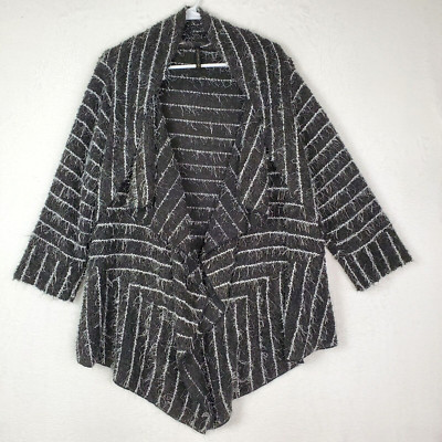 IC by Conie K Open Front Sweater Jacket Womens XL Black White Textured Fringe