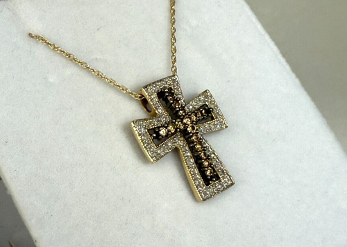 0.60 ctw White Champagne Diamond Cross Pendant Necklace 14k Gold - Picture 5 of 10
