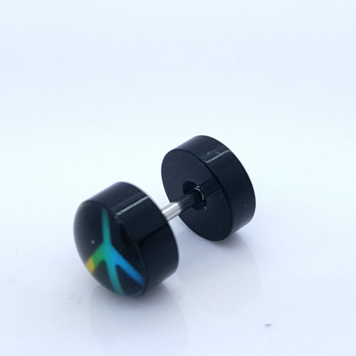 PAIR OF 9MM BLACK UNISEX FAKE EAR PLUGS STAINLESS STEEL LOGO STUD BODY PIERCING - Picture 7 of 31