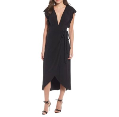 NWT Misa Los Angeles Irina Black Wrap Dress V-Neck Flutter Sleeves Midi Sz M