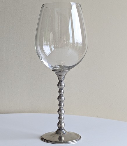 CRYSTAL HAND BLOWN WINE GLASS GOBLET WITH 95 PEWTER BEADED STEM, 9 ¾” HEIGHT - Picture 3 of 10