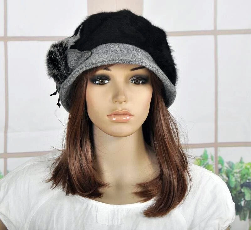M98 Negro Gris Imitación Piel de Conejo Lana 2 Tonos Ala Sombrero Gorro Gorra de Newsboy Para Mujer Foto 2 de 4