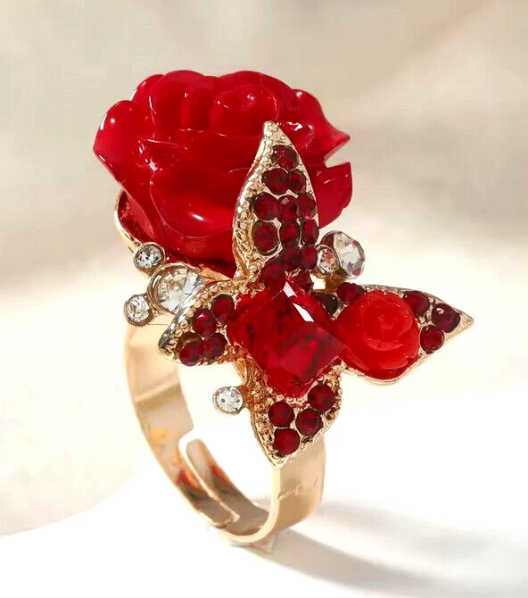 Anillo Betsey Johnson Jardín Rojo Flor JOYA Ramo Estrás Foto 2 de 4