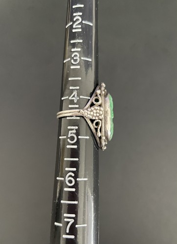 Antique Sterling Silver Carved Green Jade Ring with Floral Design 4.5 - Picture 4 of 7
