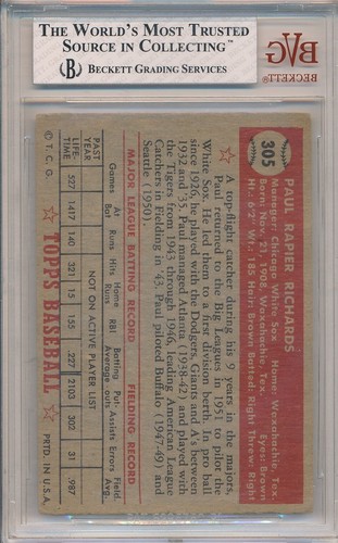 1952 TOPPS #305 PAUL RICHARDS - BVG 4 VG-EX (SVSC) - SHORT PRINT! - Picture 2 of 2