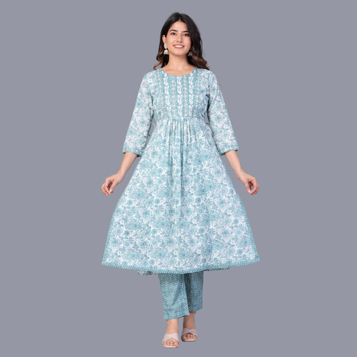Floral Printed Mirror Work Pure Cotton Kurta Set with Trousers & Dupatta - Picture 3 of 8