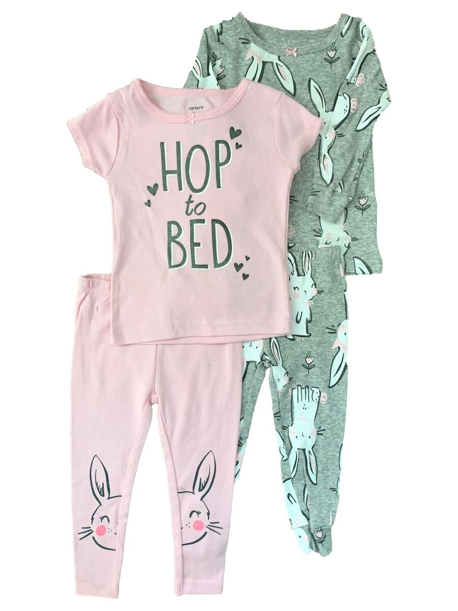 Infant Baby Girls Pink Hop To Bed Grey Bunny Pajama Set 9M